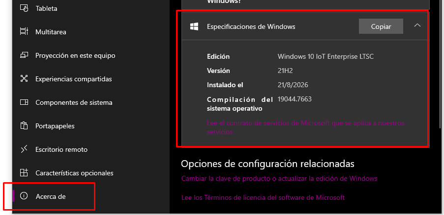Panel de Configuración de Windows con las especificaciones del dispositivo y del sistema operativo